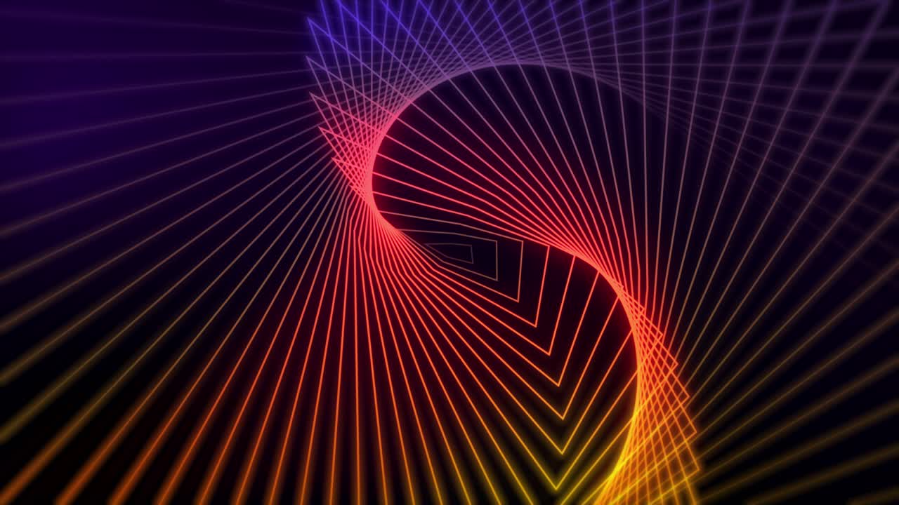 Swirling wave warp shape neon glowing lines geometric pattern design 3D animation on dark gradient background dynamic abstract portal illusion purple orange pink sunset