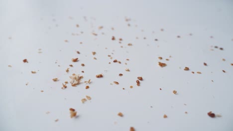 close up of bread crumbs on a white surface