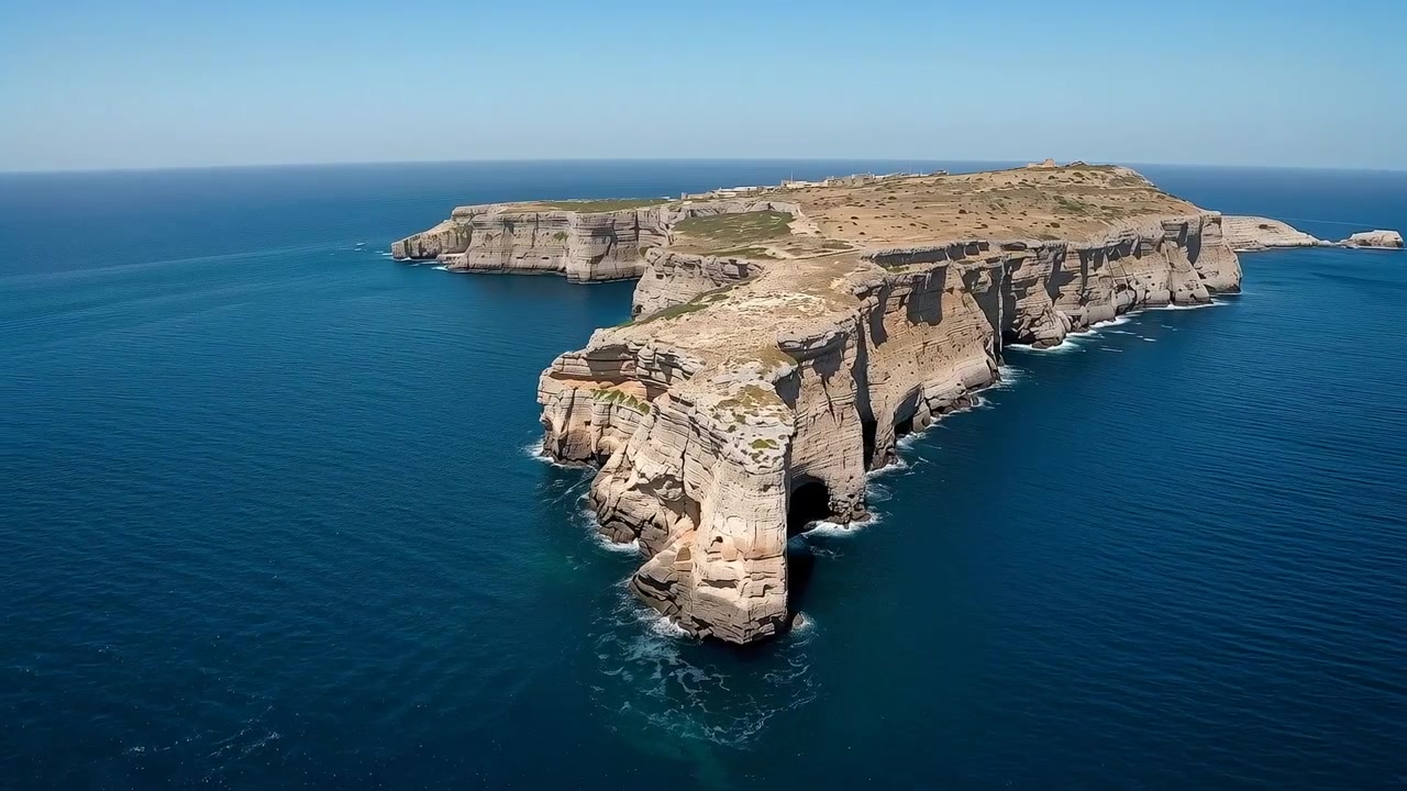 Svevende drone beveger seg fremover og senker vinkelen for å avsløre lagdelte klipper og sjøgrotte ved neset