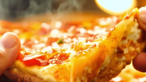 close-up of a slice of pizza with melted cheese and tomato sauce