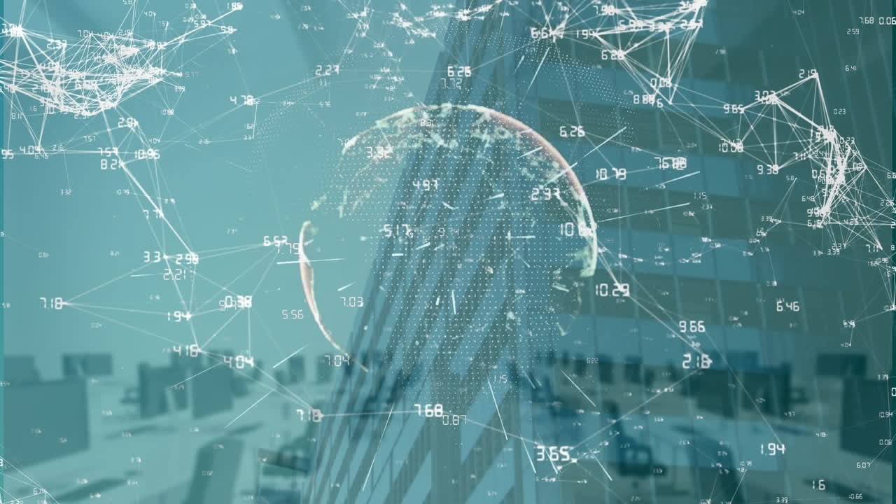 고층 건물에 대항하여 빈 사무실 위의 연결 네트워크의 지구상의 애니메이션.