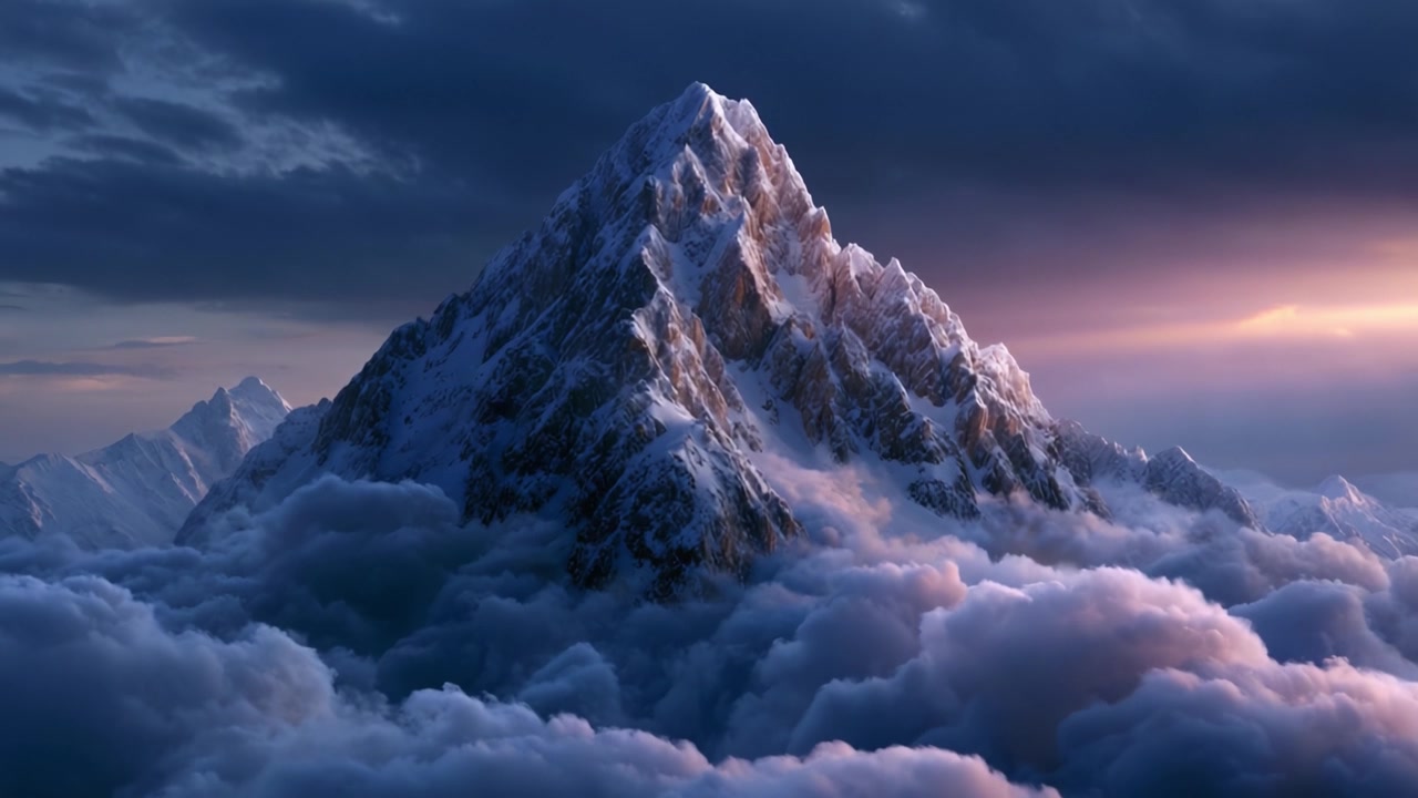 Gunung Megah Dikelilingi Awan Saat Matahari Terbenam, Menampilkan Puncak Bersalju yang Indah dan Langit Dramatis dengan Pencahayaan Lembut, Membangkitkan Ketenangan dan Petualangan