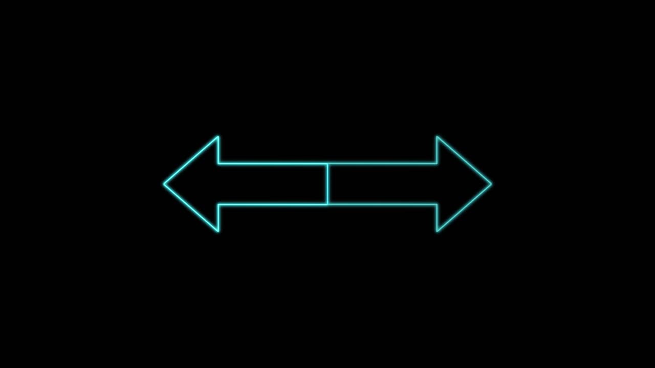 Two blue neon outline arrows smoothly move apart and together on a solid black background