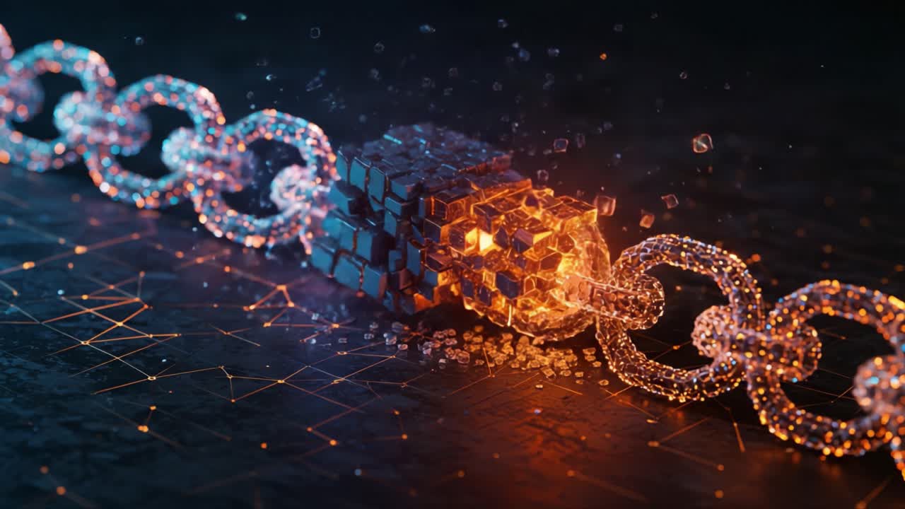 Dynamic Visualization of a Breaking Chain Representing Concepts of Strength, Tension, and Fragmentation in Digital Art and Design