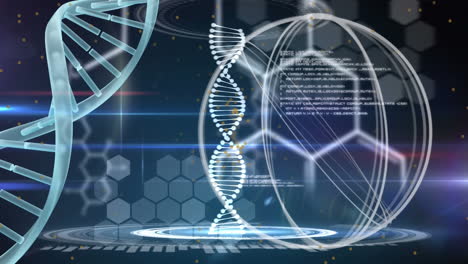 animation of scientific data processing over dna strands on blue background