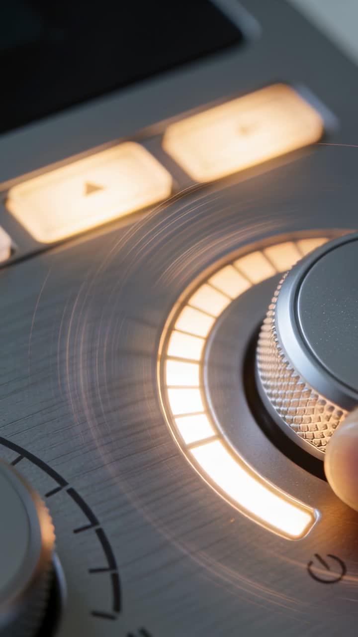 Close-up van hand die aan een verlichte draaiknop op een bedieningspaneel draait