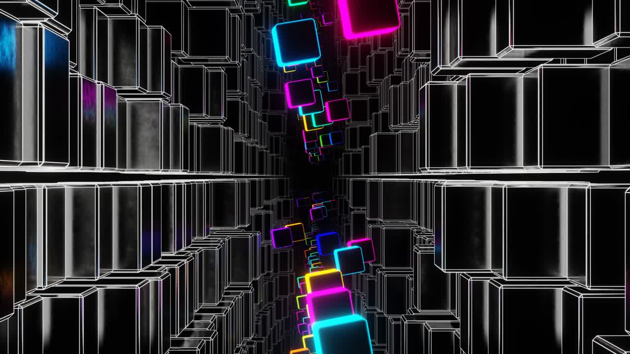 un túnel de bucle de cubos abstractos voladores y pulsantes