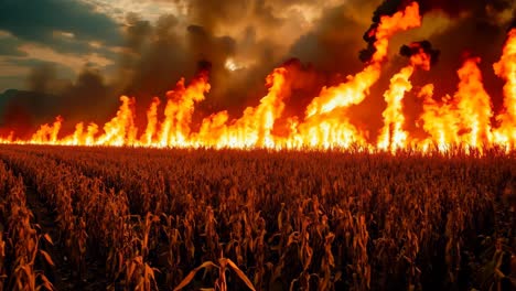 un campo de maíz en llamas en el medio de un campo