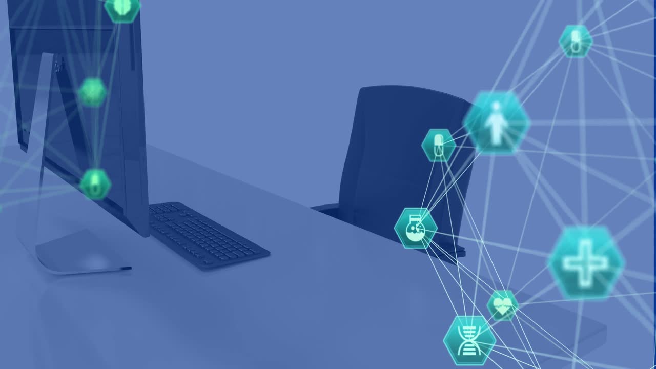 animación de la red de conexiones con iconos a través de la computadora en la oficina.