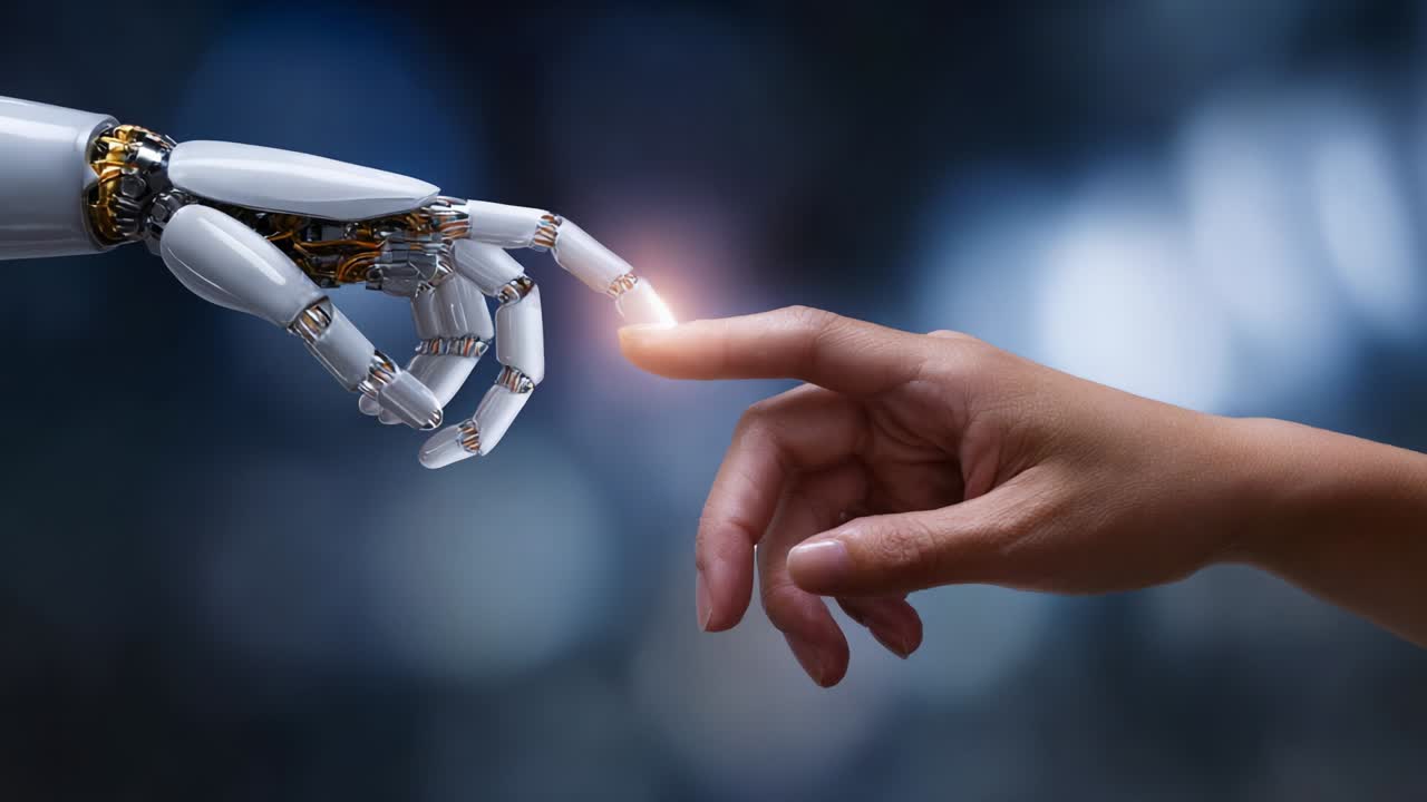 A Fascinating Interaction Between Human and Machine: Exploring the Moment Where a Robotic Hand and a Human Finger Connect, Symbolizing the Intersection of Technology and Humanity