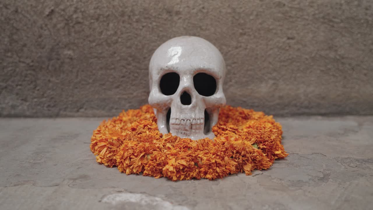 Skull with marigolds for Day of the Dead celebration