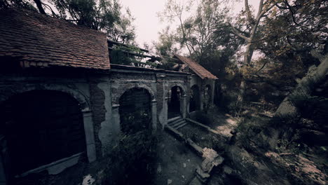 abandoned building hidden in overgrown forest during foggy morning