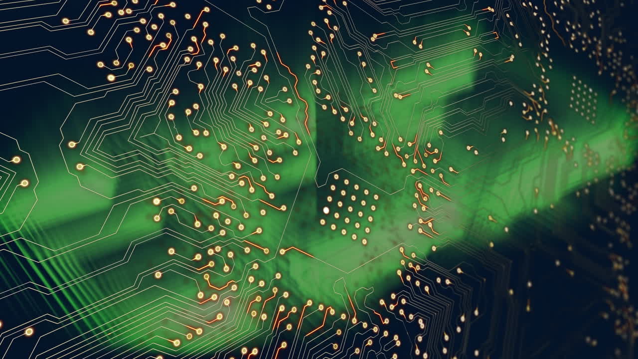Animation of integrated circuit over green background with squares