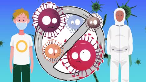 animation of people with face mask and prohibition sign over virus cells