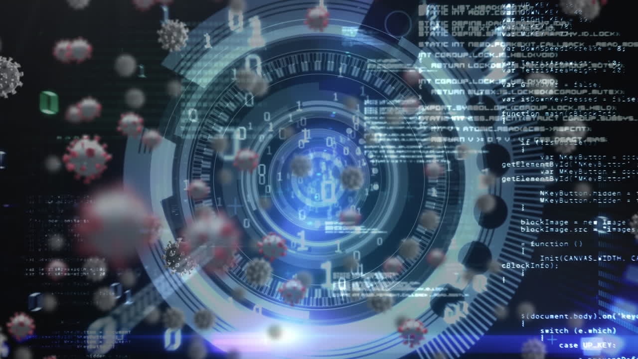 코로나19 세포의 디지털 복합 비디오가 백그라운드에서 데이터 처리에 대항하여 움직입니다.