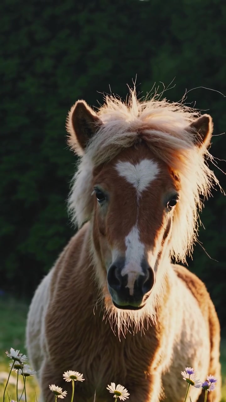 Sød pony græsser på en solrig eng ved solnedgang