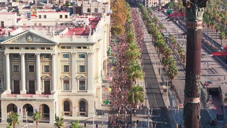 people running marathon on the streets of barcelona, urban city run aerial