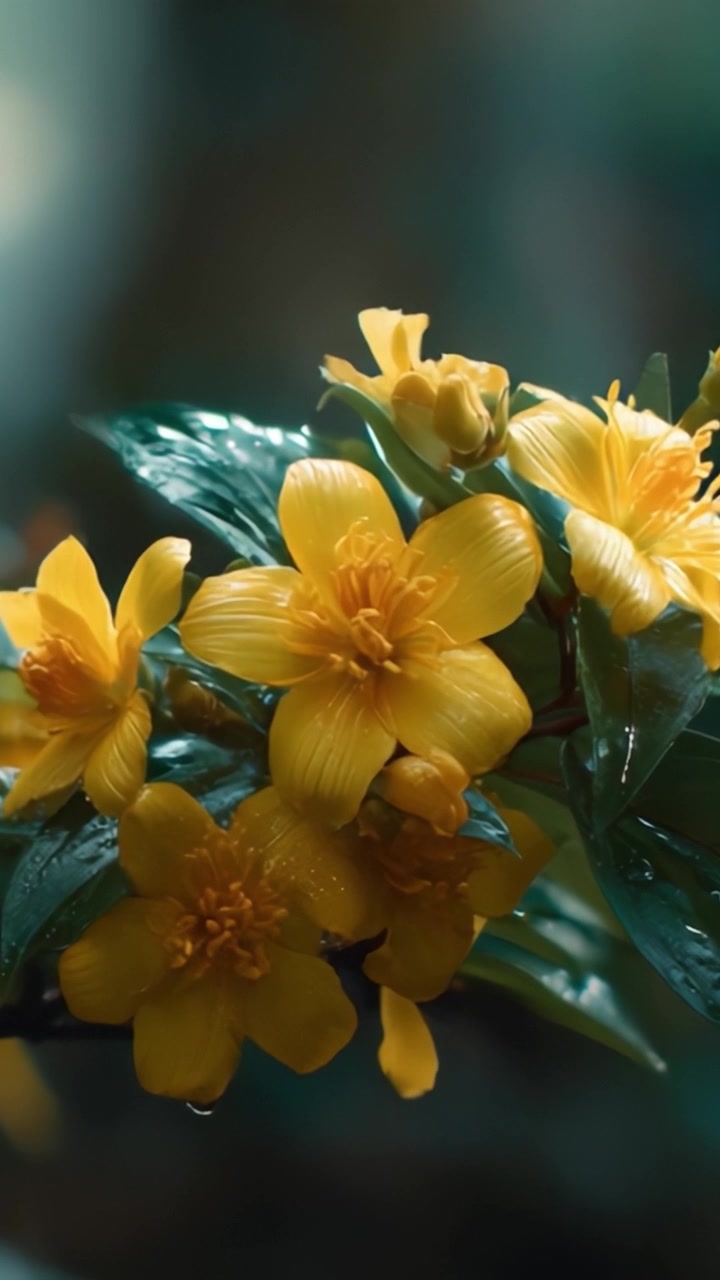 Bunga Kuning Cerah Dikelilingi Daun Hijau Rimbun, Menampilkan Keindahan Alam dalam Suasana Tenang dengan Warna dan Tekstur yang Ditingkatkan, Terekam Secara Detail