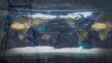 animación de procesamiento de datos y pilares eléctricos sobre el mapa del mundo.