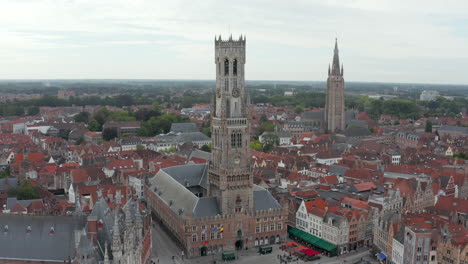 Bruges,-Belgium-Belfry-Belltower-Establisher-wide-view-from-aerial-perspective