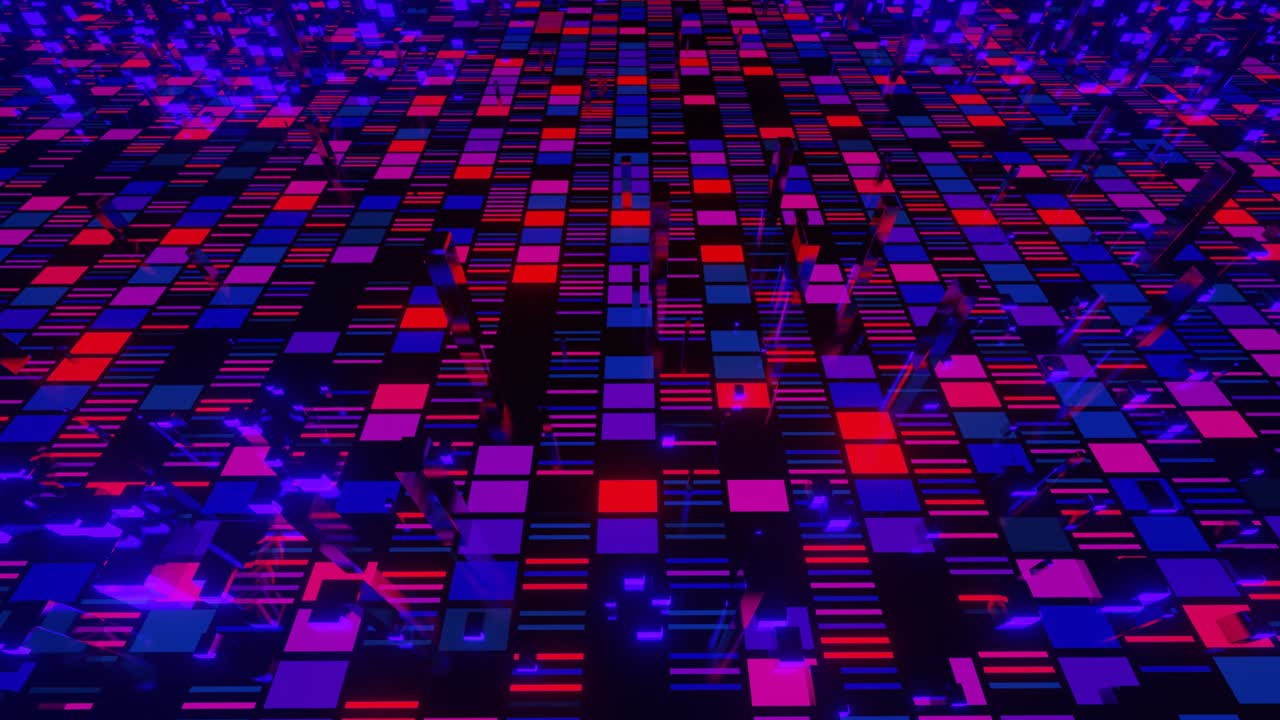 animación en bucle 4k. vuelo sobre patrón de alta tecnología en superficie plana, brillo de neón, elementos y estructura complejos. objetos 3d forman superficie de ciencia ficción patrón 3d. tecnología de la información, hardware futurista