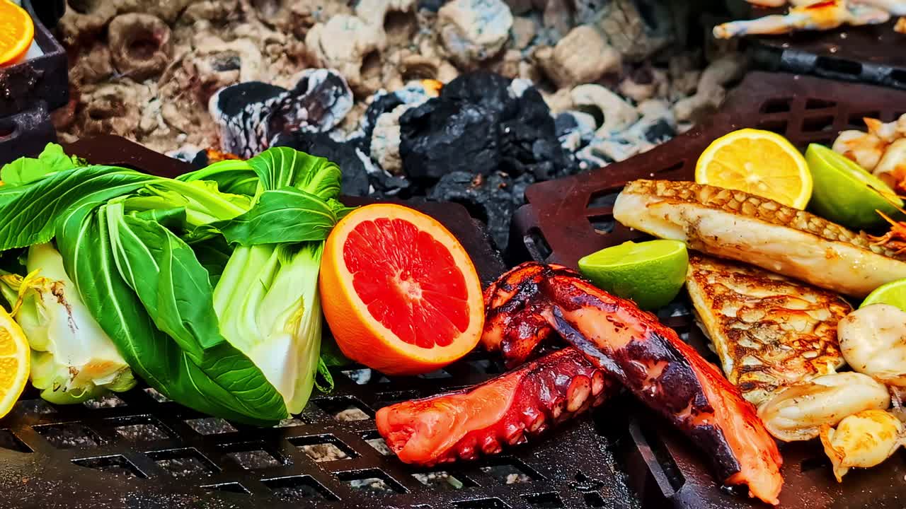 A close-up shot of a chef grilling a variety of gourmet street food like fresh seafood, oysters, and frog legs over hot charcoal at a bustling outdoor food market in Latvia