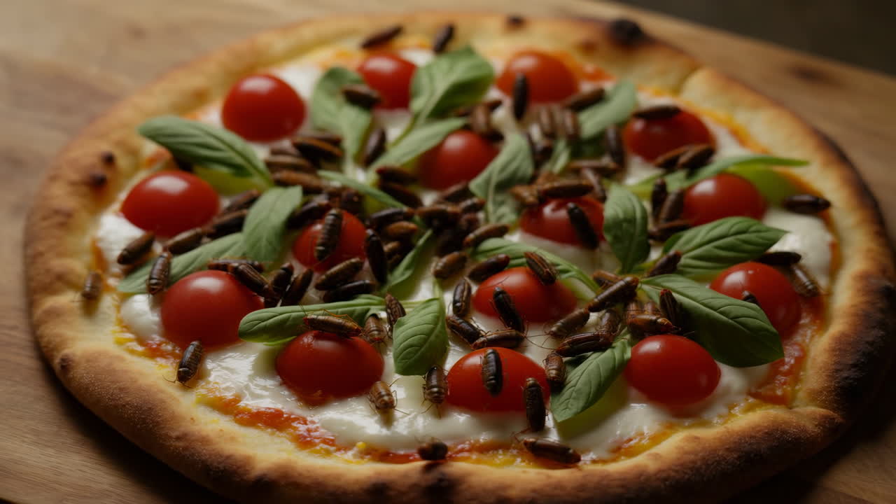 Close-up de pizza de tomate e manjericão em base de madeira, com borda crocante, tomates-cereja frescos, folhas de manjericão e queijo derretido.