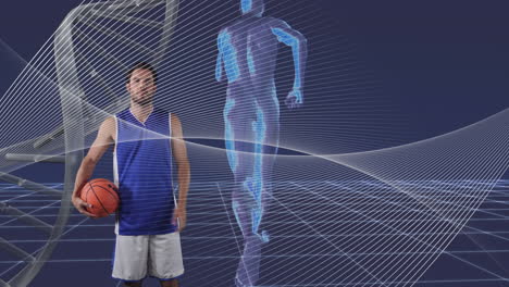 animación de una cadena de adn y el cuerpo humano corriendo sobre un jugador de baloncesto caucásico