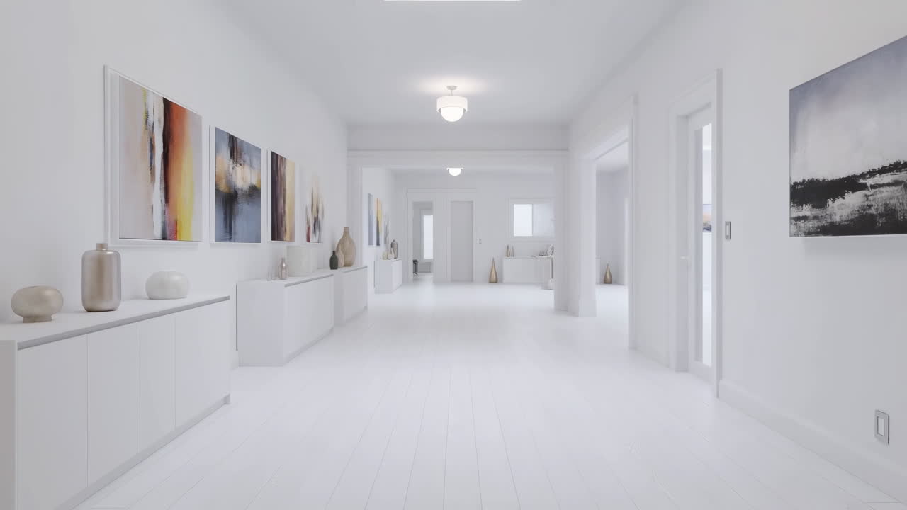 Corridoio moderno bianco e luminoso con arredamento minimale, lungo corridoio galleria fiancheggiato da opere d'arte astratte, con pareti basse bianche