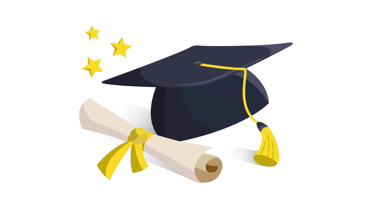 Animation of school items, notebooks and graduation hat on white background