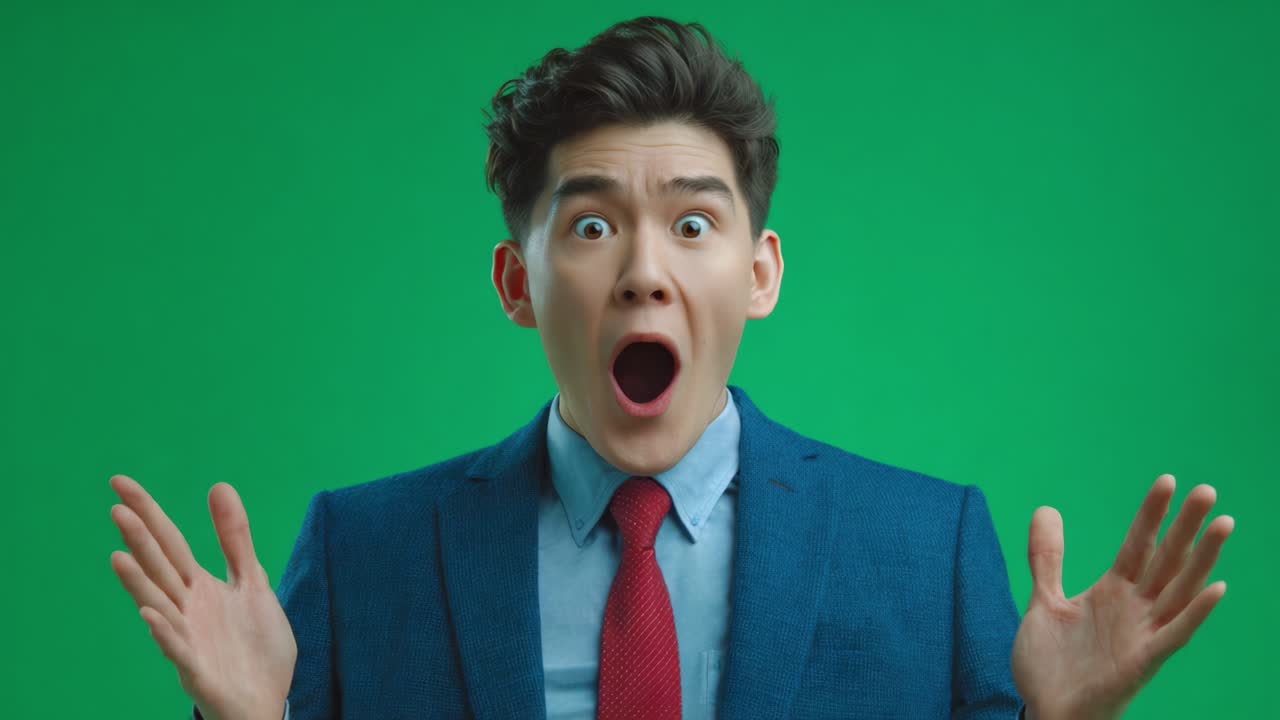 Una sorpresa inaspettata: le espressioni facciali di un uomo passano dallo shock all'eccitazione in un ambiente con sfondo verde vibrante, catturando l'essenza delle emozioni.