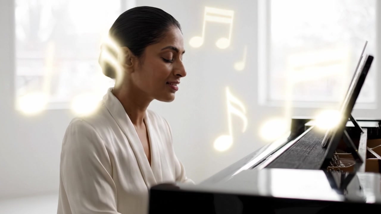 Un musicista di talento suona con passione il pianoforte, circondato da note musicali vorticose, creando un'atmosfera incantevole di suono e creatività in uno studio luminoso