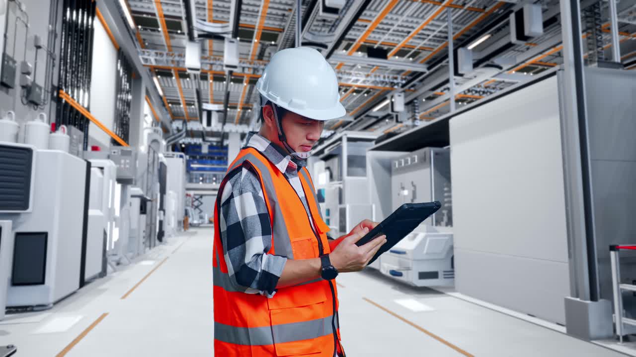 trabajador de la fábrica usando una tableta