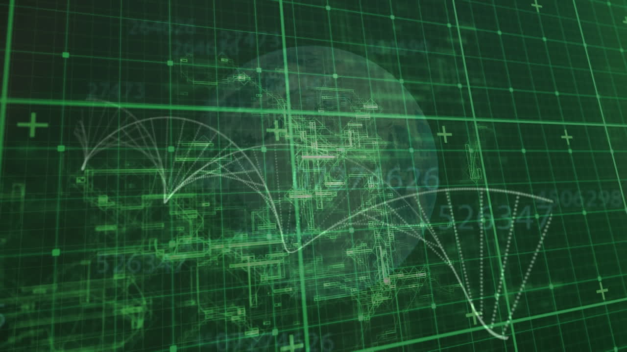 녹색 그리드에 데이터를 처리하는 동안 헬릭스를 형성하는 지구와 입자의 애니메이션