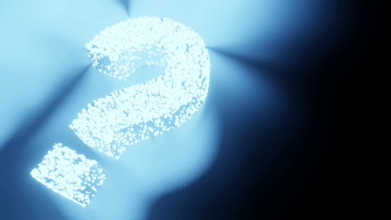 질문표와 기호 빛나는 미래 입자 3d 렌더링 큐브 다각형 패턴, 의심, 개인 정보 보호 및 보안 기술, 검은 바탕에 개념 디자인, 복사 공간과 함께 4k 애니메이션