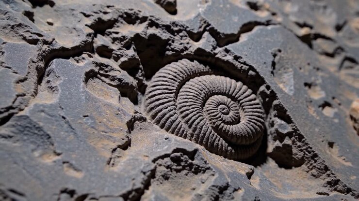 Close-up of a fossil embedded in rock, captured at an oblique angle