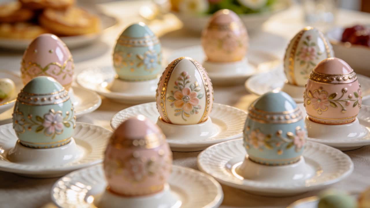 Shifting cam pulling center cream egg into sharp focus at dining table, showing floral detail