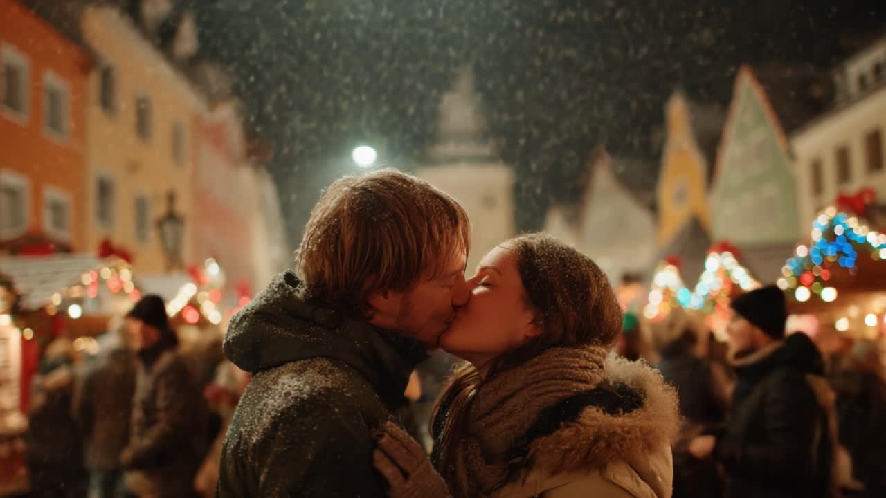 A Heartwarming Winter Moment: A Couple Embracing in the Snow at a Festive Market, Surrounded by Colorful Lights and Joyful Atmosphere