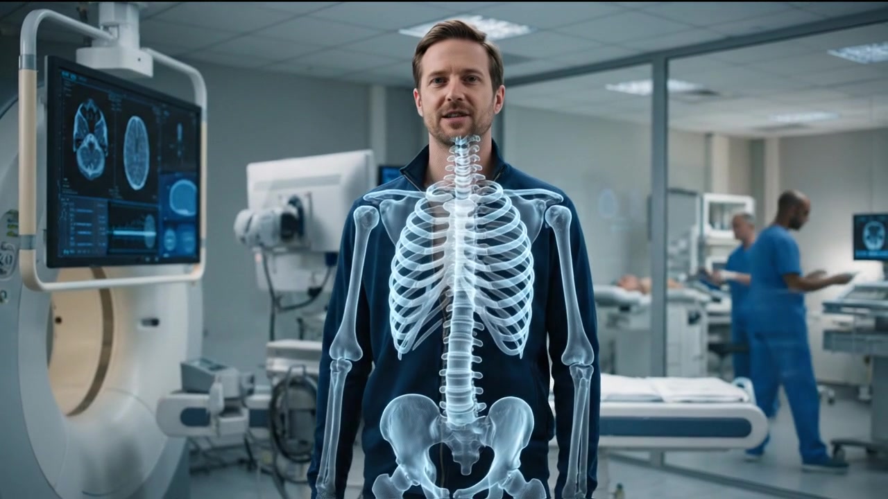 Futuristic full body skeletal scan displayed inside a high tech laboratory