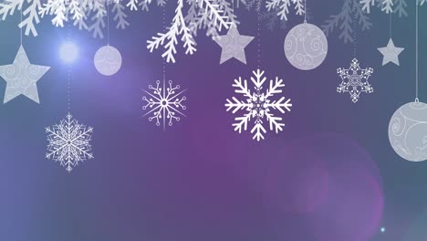 Animation-of-snowflakes-and-baubles-over-violet-background