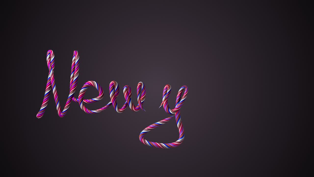 feliz año nuevo escribiendo texto con hilo de colores tejidos. cuerda, cuerda, caramelo, vacaciones. imagen, título animación 3d realista