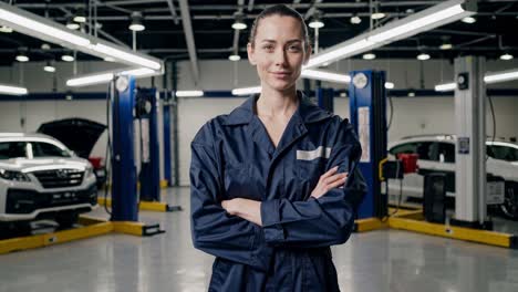 mecánica profesional de mujer de pie con confianza con los brazos cruzados en un moderno taller de reparación de automóviles, encarnando la experiencia y la habilidad en el mantenimiento de automóviles