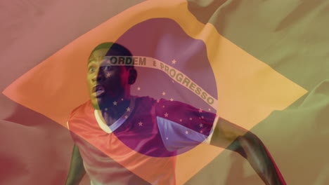 animación de un jugador de fútbol afroamericano sobre la bandera de brasil