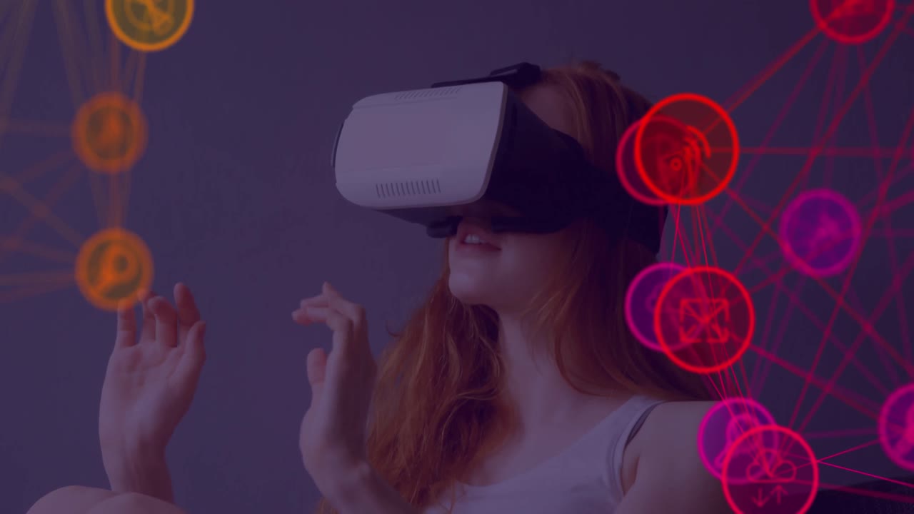 globo di rete di connessioni contro la ragazza che usa le cuffie vr