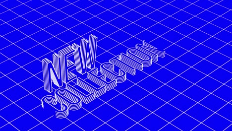 animation of new collection in 3d white line text with white grid on blue background