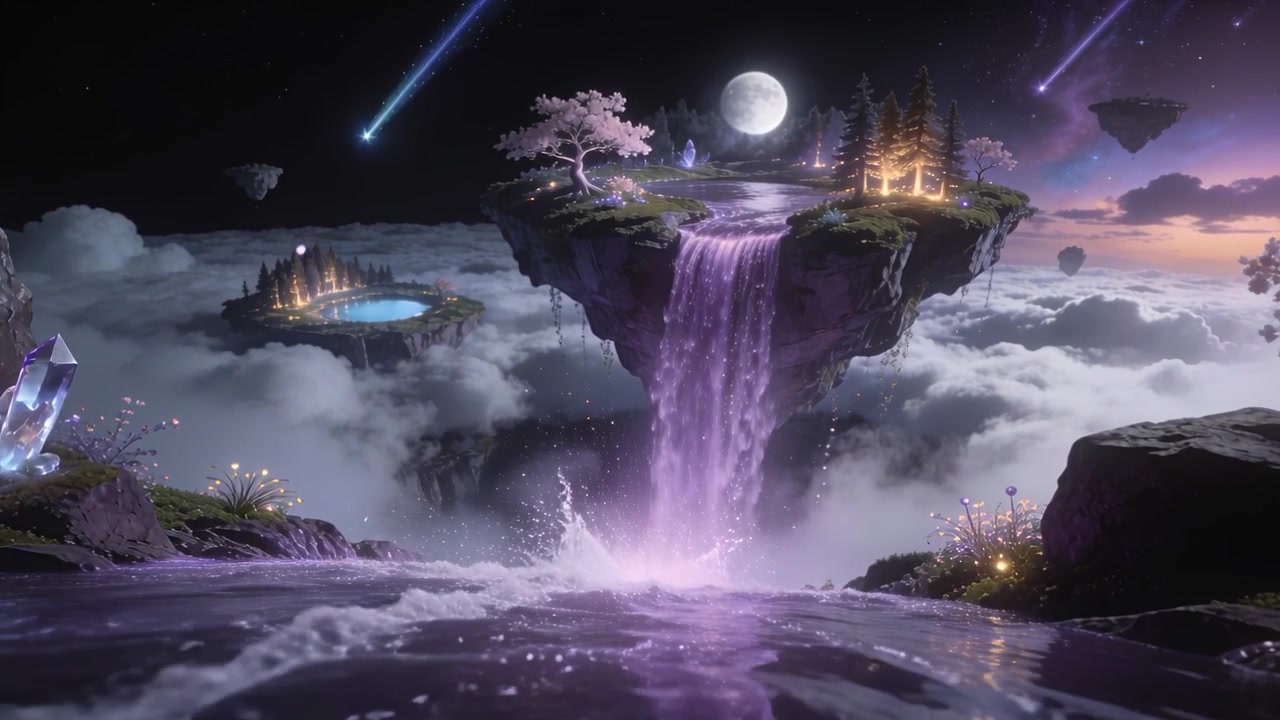 Cascata viola che si riversa dall'isola centrale, inviando spruzzi in una piscina illuminata dalla luna sopra le nuvole