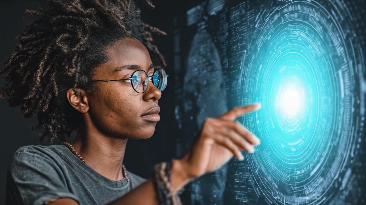 A Focused Individual Engaging with a Futuristic Interface Displaying Complex Data Visualizations and Interactivity in a Creative Exploration of Technology