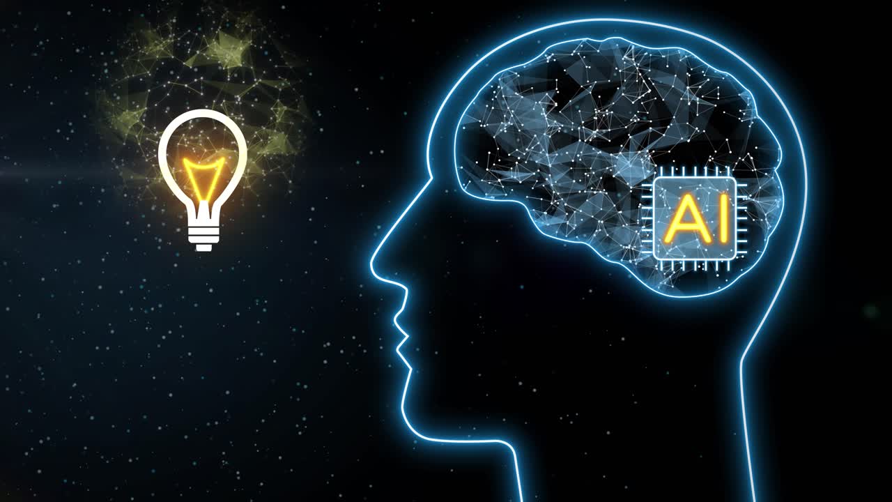 Animation of AI Artificial intelligence micro chip implanted in human brain giving answer idea and solution to problem with a light bulb lamp turn on