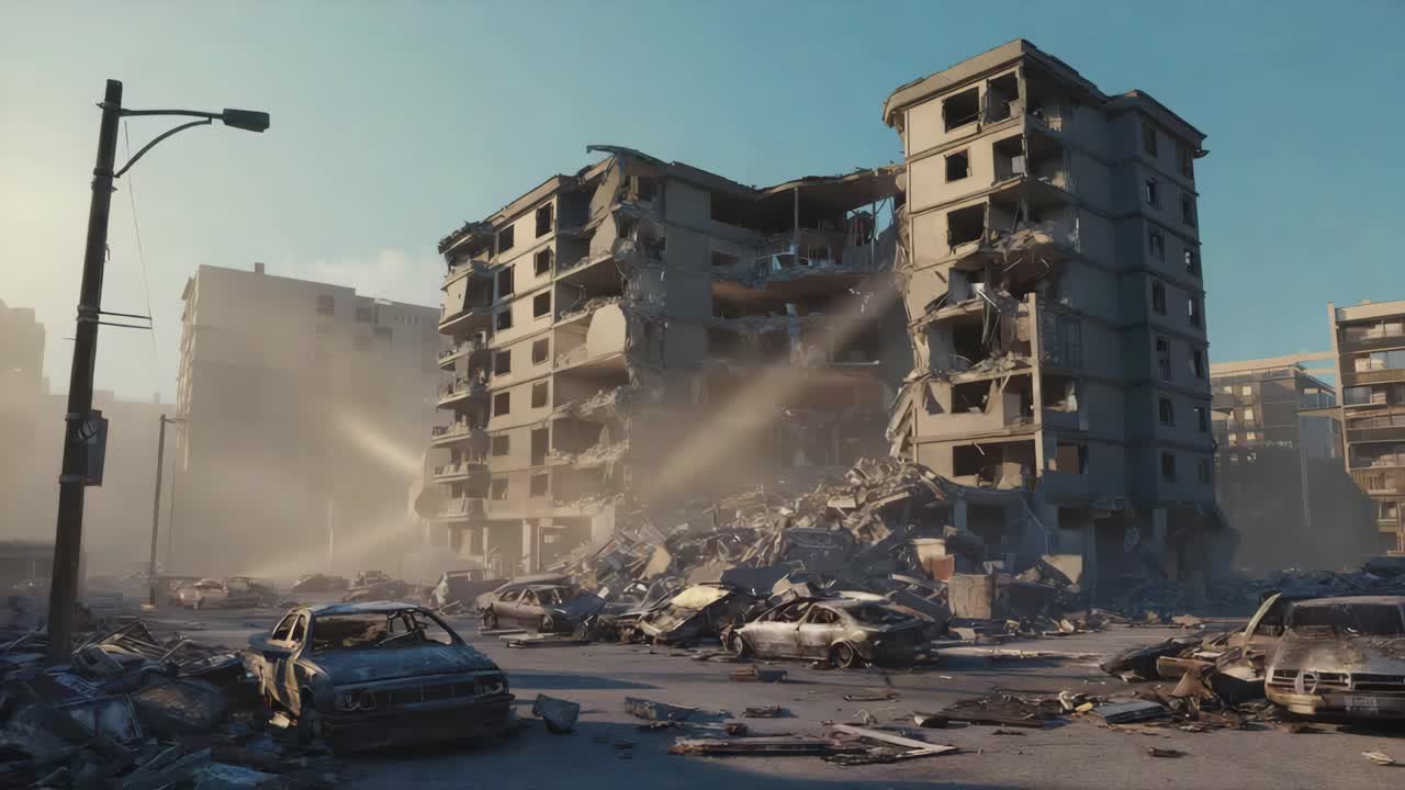 Destroyed Building and Cars After a Disaster