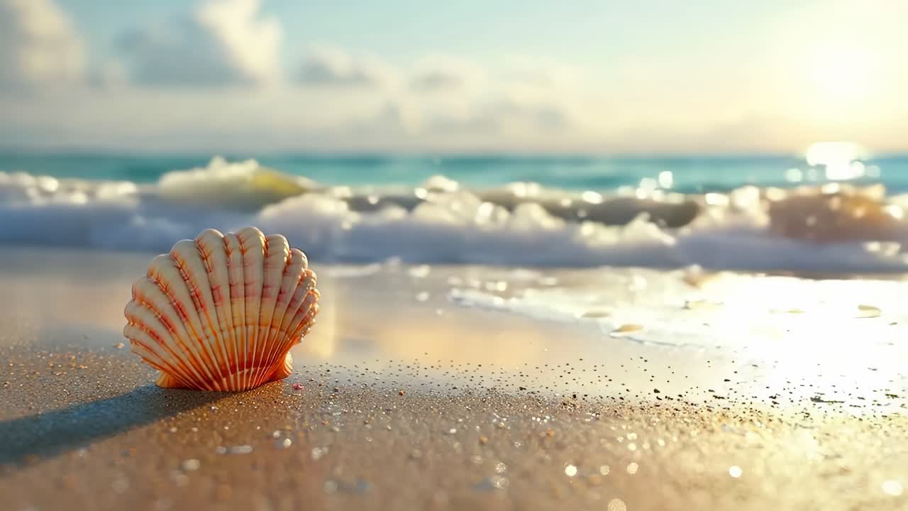 Close-up, low-angle video of a seashell on a sandy beach with gentle waves and a soft-focus sunrise